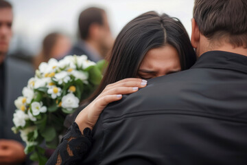 Wall Mural - Funeral support. An attempt to console loved ones during mourning at memorial service. Background with selective focus