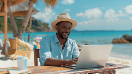 Man Working Remotely on the Beach as Digital Nomad Freelancer