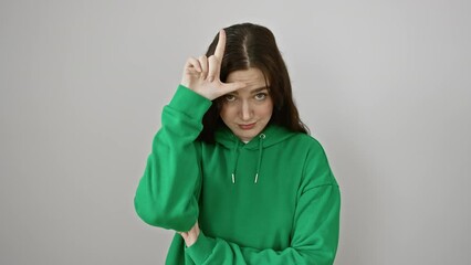 Poster - Young woman in sweatshirt standing on white isolated background, mocking people with insulting loser gesture using fingers on forehead