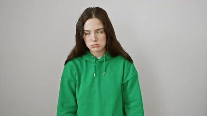 Sticker - Sleepy young woman in sweatshirt, fatigued with a hangover and lazy eyes, stands exhausted on a white, isolated background. displaying a sluggish morning wake-up.