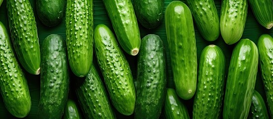 Wall Mural - A bunch of green cucumbers with water droplets on them, displayed in a neat arrangement from a top view perspective on a supermarket shelf.