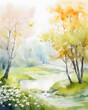 Light dreamy watercolor illustration of  spring scenery