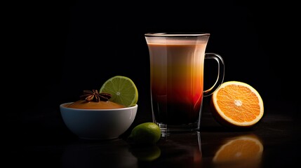 Canvas Print - Coffee in a glass with orange and lime on a black background