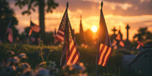 American Flags On Graves Of American Veterans In Sunset, Military Headstones And Flags Shallow Depth Of Field Background, For Memorial Day Backdrops.