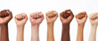 Multiethnic hands raised into fist on white background. Panoramic view. Unity concept Generative AI