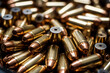 Closeup. Many firearm bullets piled up. Golden ammunition. Generative AI.