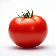 A hyper-realistic photograph of one tomato, solid stark white background, focused lighting.[A-0001]