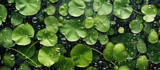 Canvas Print - A cluster of vibrant green leaves adorned with glistening raindrops creating intricate patterns and shapes. The water droplets reflect light, adding a shimmering effect to the foliage.