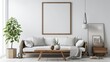 Minimal Scandinavian White Living Room Interior with Blank Horizontal Poster Frame Mock-Up