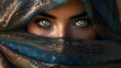 Arabic woman. Close-up portrait of a mysterious Arabic woman with striking eyes, veiled in a beautifully patterned scarf, exuding elegance and depth.