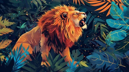 Wall Mural - A majestic illustration of a lion roaring in the desert generative ai