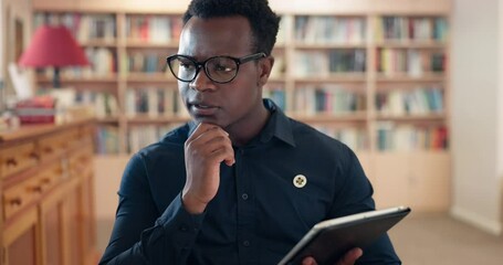 Canvas Print - Tablet, library and black man with thinking and researcher and study at university or college with reading. Education, working and knowledge with website and app with professional online on internet