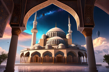 Wall Mural - Beautiful Mosque with Galaxy Background for Ramadan Background