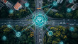 © Fokke Baarssen - Social infrastructure and communication technology concept. IoT(Internet of Things). Autonomous transportation. top view of the highway with floating icons around, Artificial intelligence