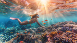 Fototapeta Do akwarium - Young female snorkeling dive underwater with Nemo fishes in the coral reef Travel lifestyle, swim activity on a summer beach holiday in Thailand, women snorkleing at coral reef