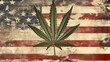 Cannabis plant leaves over vintage US national flag
