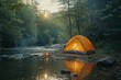 Family camping in secluded forest, tent by river, bonding over campfire - nature's embrace warms hearts.