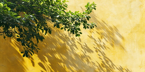 Wall Mural - trees branch and leaves with shadow on a yellow