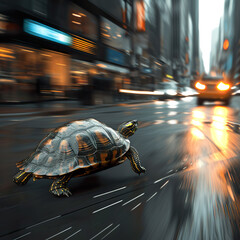 Turtle running fast on street