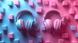 Two headphones on a pink blue backdrop, featuring electric blue purple hues