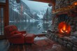 A tranquil morning in a snug cabin with a glowing fireplace, a plush armchair, and a snowy landscape view.