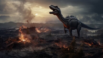 Wall Mural - dinosaur in fire flame in a burning forest. photorealistic.