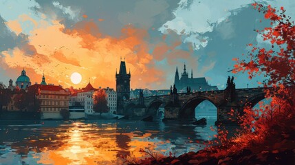 Sticker - Artistic illustration of Prague city. Czech Republic in Europe.