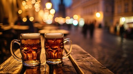 Wall Mural - Beer mug with beer and beautiful historical buildings of Prague city in Czech Republic in Europe.