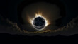 Detailed illustration of a solar eclipse with the corona visible around the dark sun