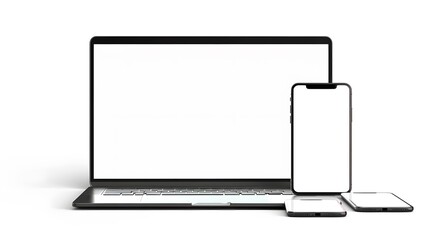 Wall Mural - Modern personal computer with blank white screen, keyboard, mobile phone and office accessories on desk at workplace of graphic designer, blogger. Electronic devices, technology and creativity