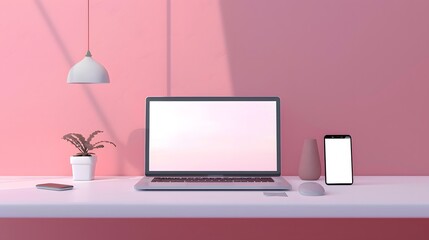 Wall Mural - Modern personal computer with blank white screen, keyboard, mobile phone and office accessories on desk at workplace of graphic designer, blogger. Electronic devices, technology and creativity