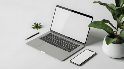 Wall Mural - Modern personal computer with blank white screen, keyboard, mobile phone and office accessories on desk at workplace of graphic designer, blogger. Electronic devices, technology and creativity