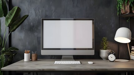 Wall Mural - Modern personal computer with blank white screen, keyboard, mobile phone and office accessories on desk at workplace of graphic designer, blogger. Electronic devices, technology and creativity