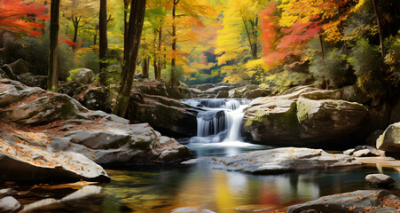  water flowing in a wooded area with colorful trees