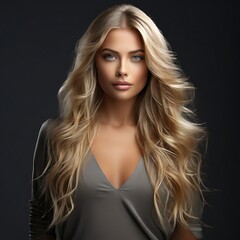 Wall Mural - Fashionable blonde woman with straight long shiny hair on a dark grey background with copy space. Banner. Beauty, health and hair care. Hair product advertising concept.