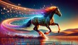 A detailed and high-quality whimsical animated art scene featuring a horse galloping with a trail of digital footprints.
