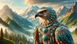 A majestic eagle adorned with turquoise and silver jewelry, set against a backdrop of mountains.
