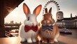 A pair of rabbits in bow ties in front of the London Eye.