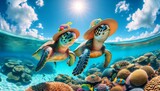 Fototapeta Do akwarium - Two turtles with sun hats by the Great Barrier Reef.