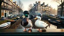 Two Ducks Wearing Bowler Hats In Front Of The Amsterdam Canals.