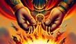 A whimsical animated art style image depicting a close-up of Phaeton's hands desperately gripping the reins of the sun chariot, ensuring there are no .