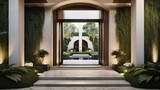Fototapeta Psy - Stunning entrance of your modern villa, featuring sleek Italian architecture, a cascading waterfall, and lush greenery leading up to the front door