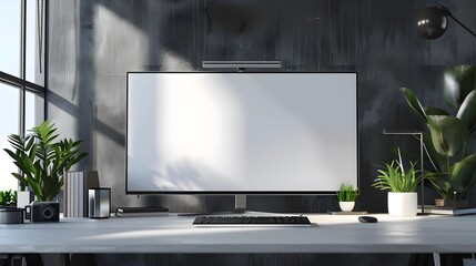 Wall Mural - Responsive web site mockup. Computer display, laptop, tablet and smart phone on desk with isolated, blank, white screen for design presentation.