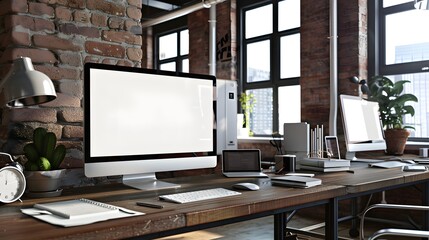Wall Mural - Responsive web site mockup. Computer display, laptop, tablet and smart phone on desk with isolated, blank, white screen for design presentation.