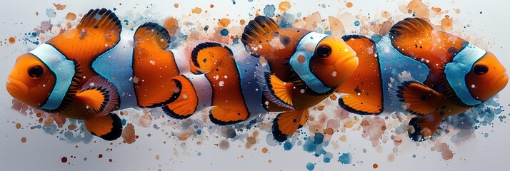 Wall Mural - Clownfish watercolor painting with background