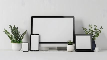 Wall Mural - Responsive web site mockup. Computer display, laptop, tablet and smart phone on desk with isolated, blank, white screen for design presentation.