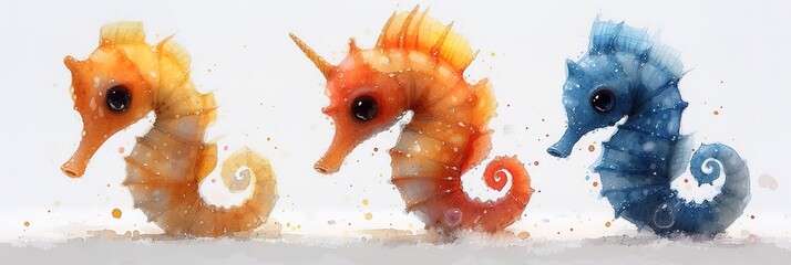 Wall Mural - Seahorse fish watercolor painting in white background