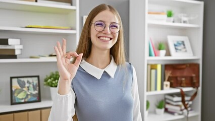 Wall Mural - Cheerful young blonde business woman showing thumbs up gesture in office, happily approving with successful smile, positive portrait revealing winning attitude indoors!