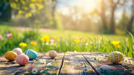 Wall Mural - Wooden table with easter eggs and blurred spring meadow background