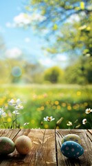 Wall Mural - Wooden table with easter eggs and blurred spring meadow background